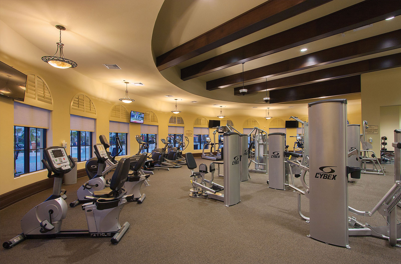 Spacious fitness center with Cybex strength machines, cardio equipment, large windows, and exposed wooden ceiling beams.