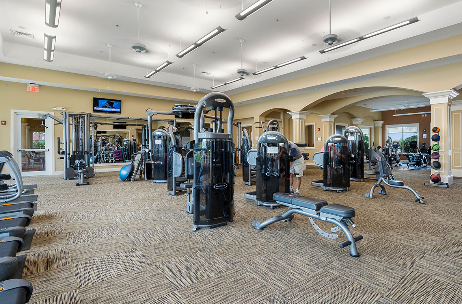 Spacious fitness center with modern strength and cardio machines, high ceilings, and natural light from large windows.