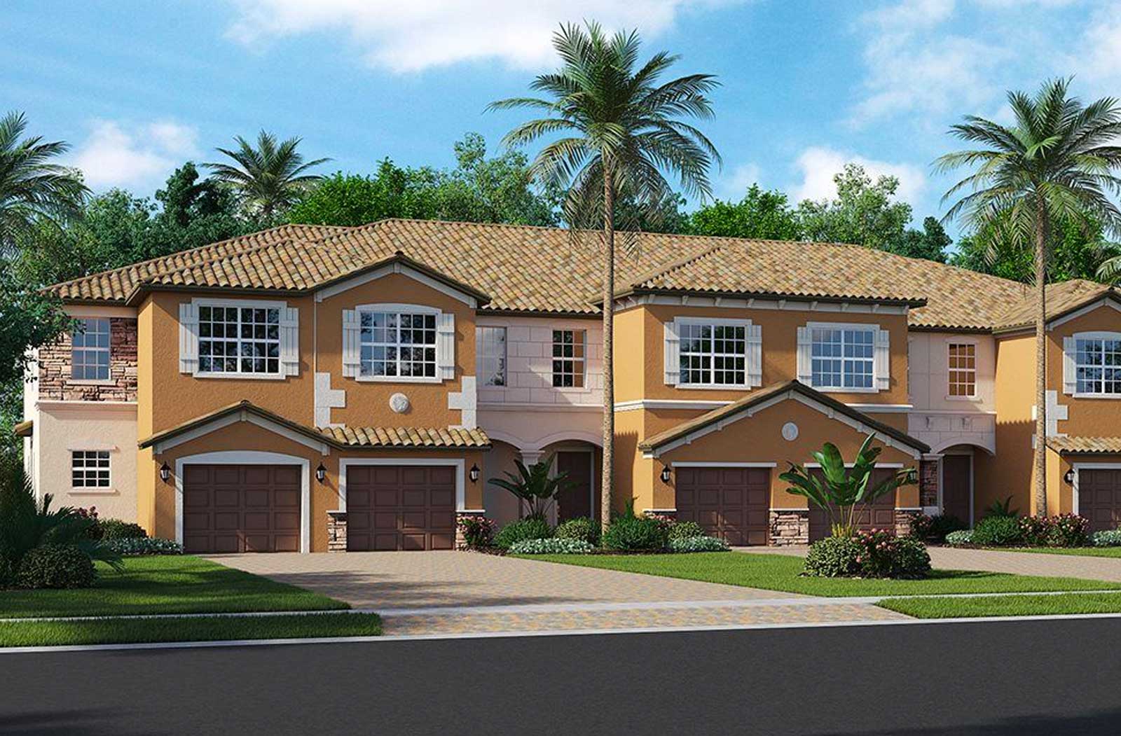 Mediterranean-style townhomes with tile roofs, arched entryways, and attached garages, surrounded by palm trees and landscaped greenery.