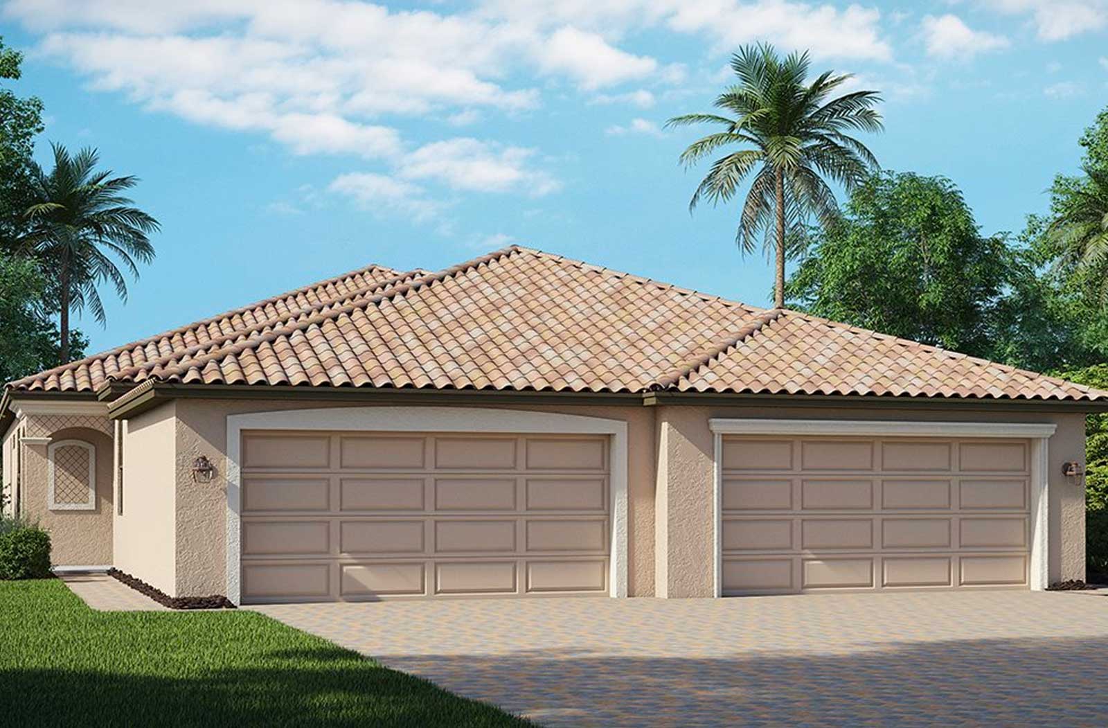 One-story beige duplex home with two double garages, a tile roof, and tropical landscaping with palm trees.