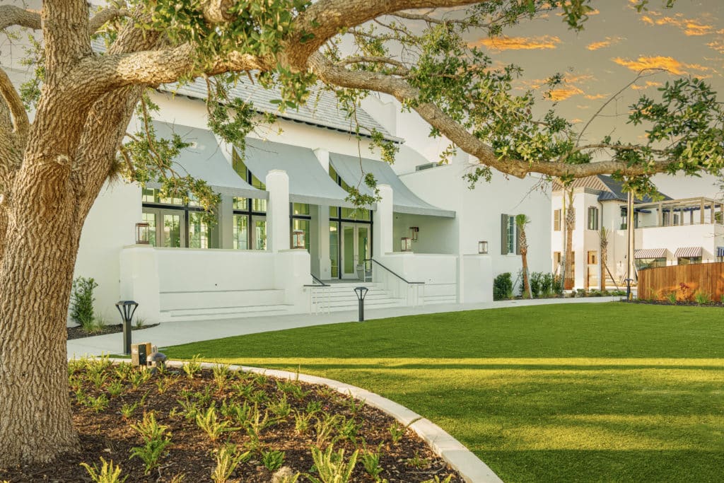 An events hall with a manicured lawn