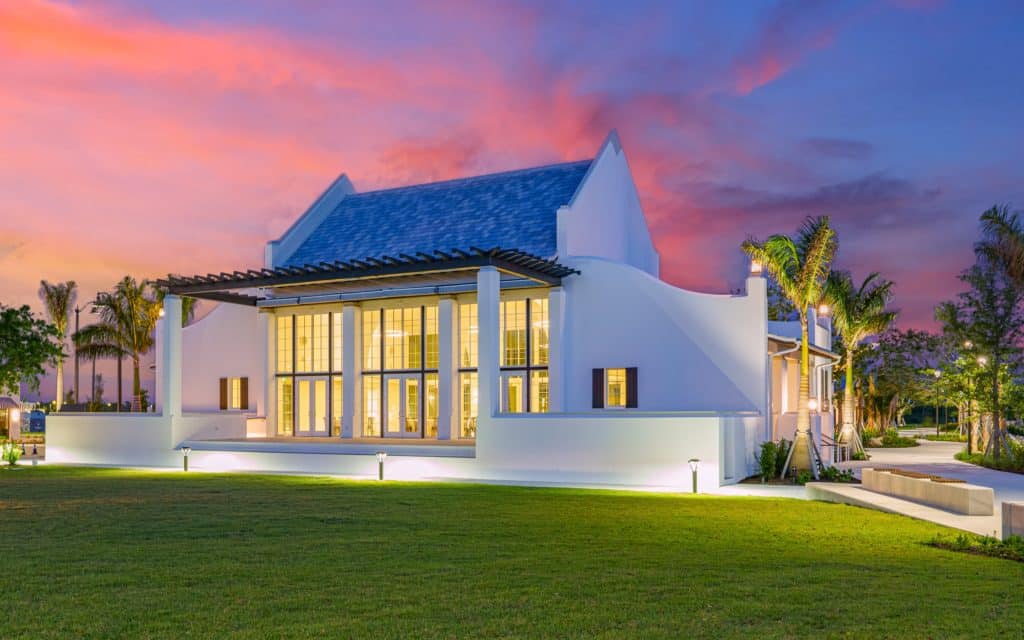 Solis Hall as durk with its lights turned on outside