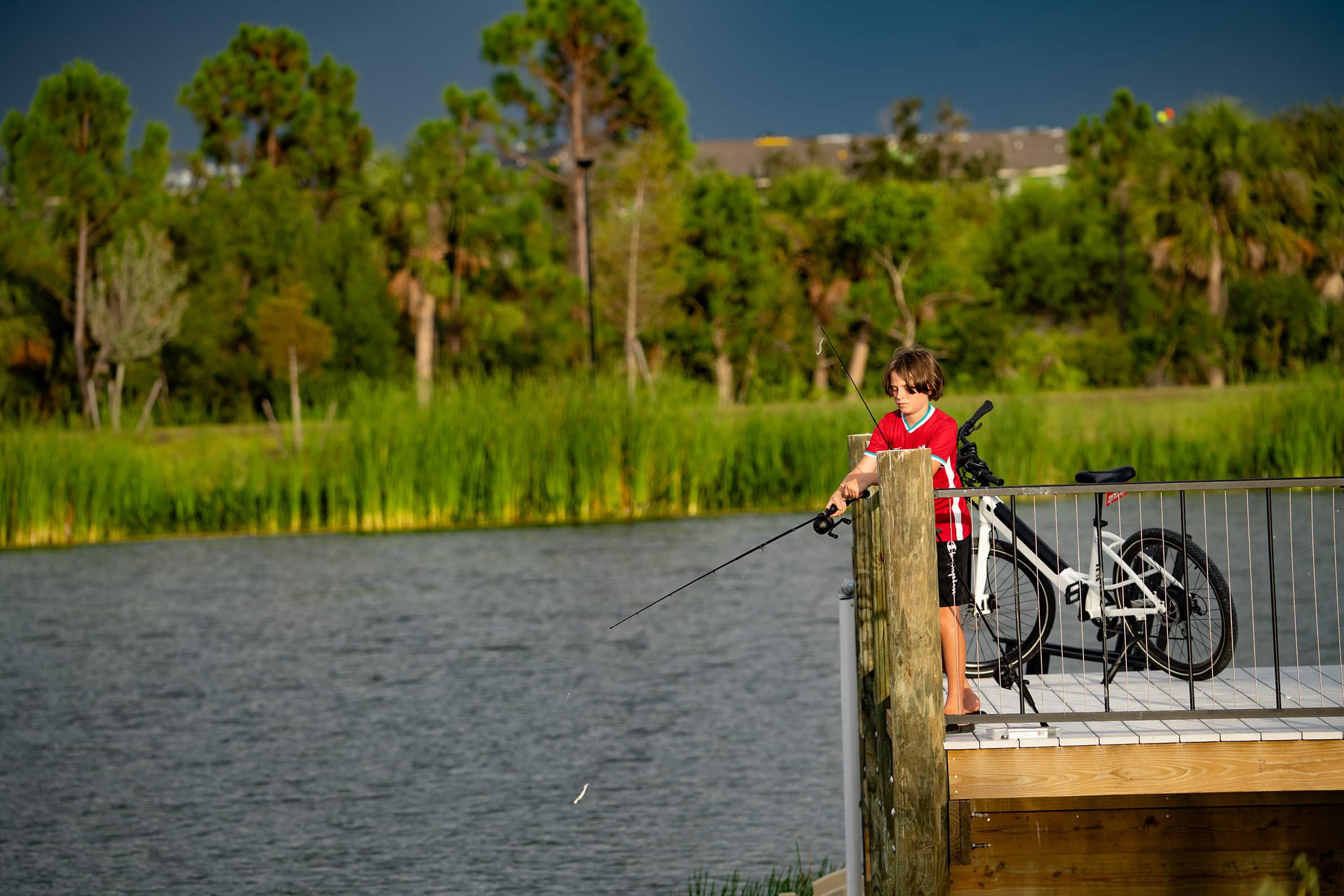 An image of a boy standing on a pier with his bike, while fishing in a body of water with tree's and shrubs in the background