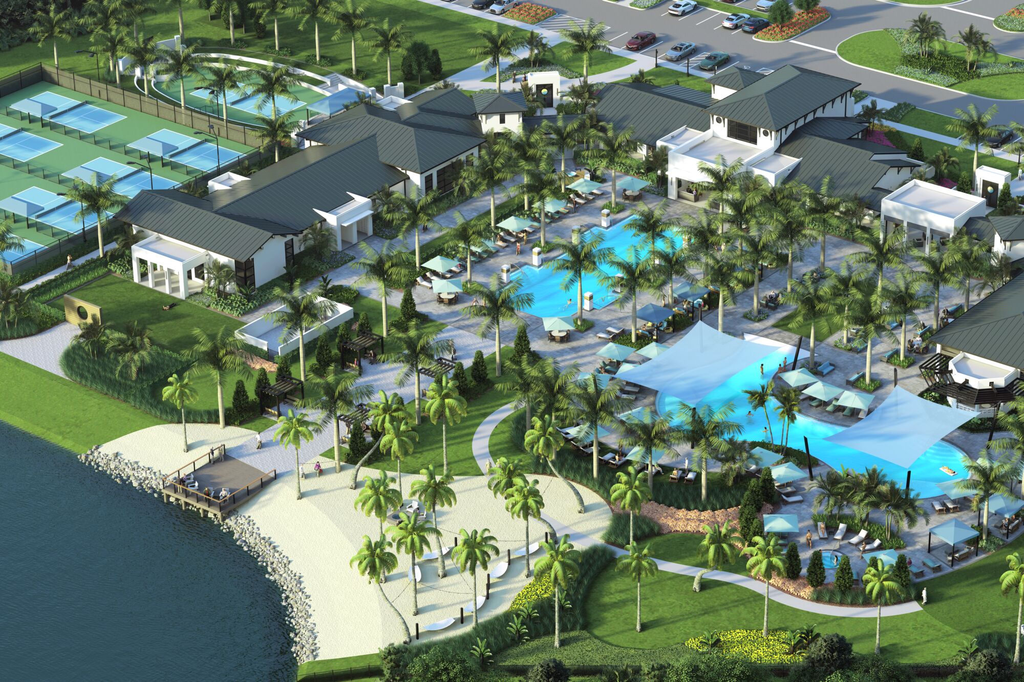 An areal view of Brightmore's amenities by the waterfront